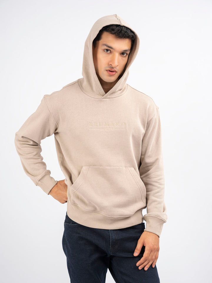 Brumano Embroidered Fleece Beige Embroidered Relaxed Fit Hoodie - Winter Collection