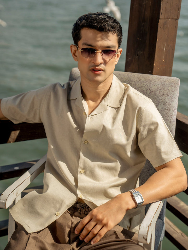Brumano Ready To Wear Shirts Men 1 Piece Cotton Beige Linen Blended Half Sleeve Cuban Collar Shirt 0-33-025-4243 - Summer Collection