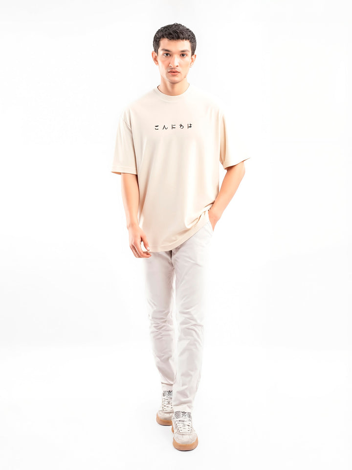 Brumano Cotton Printed Men -Beige Oversized T-Shirt With Minimalist 'Hello' Embroidery