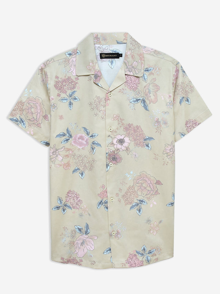 Brumano Ready To Wear Shirts Men 1 Piece Cotton Beige Printed Floral Printed Cuban Collar Shirt 0-33-024-3668 - Summer Collection