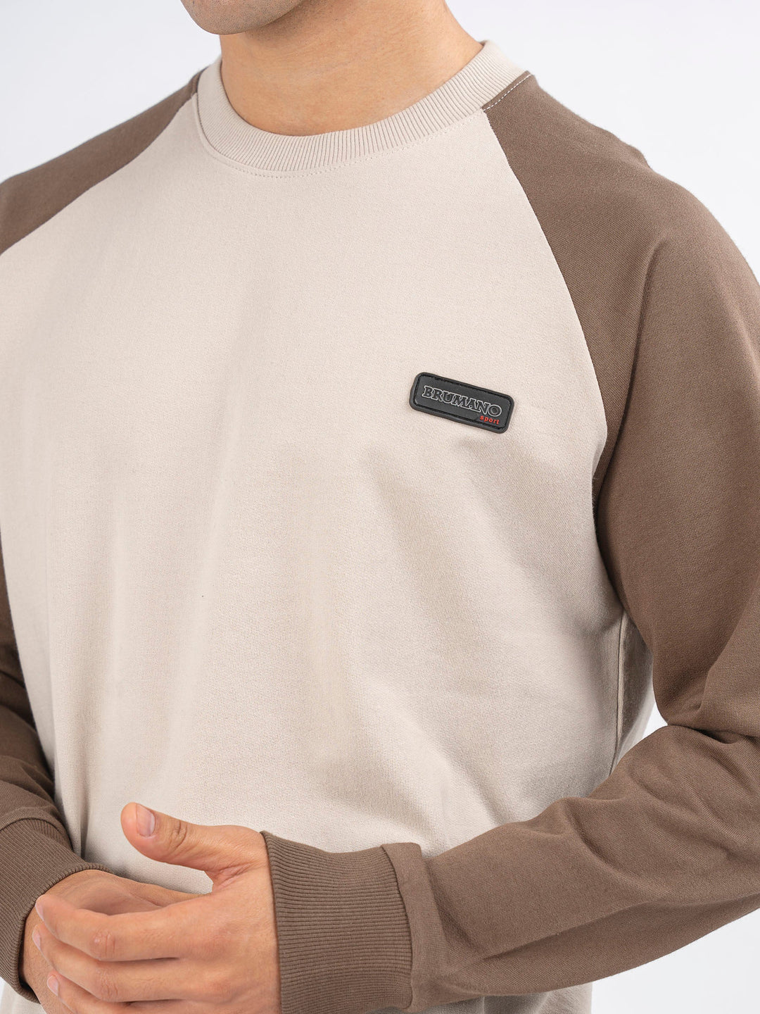 Brumano Ready To Wear Solids Cotton 1 Piece Men Beige & Brown Raglan Sleeves Crew Neck Sweatshirt 0-45-024-4302 - Winter Collection