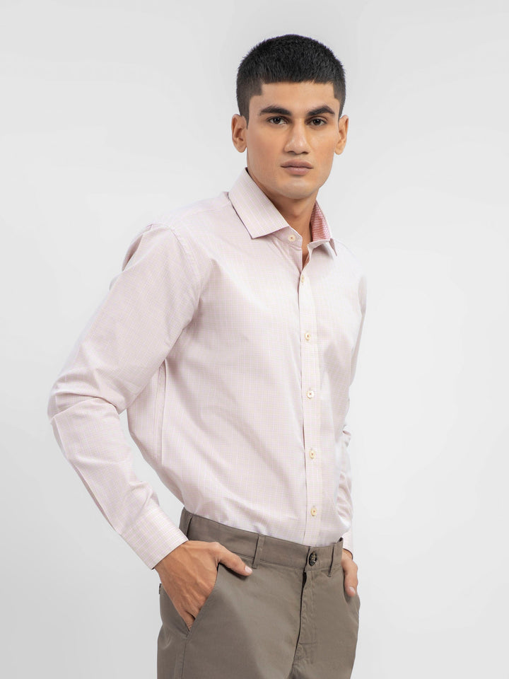Brumano Ready To Wear Shirts Men 1 Piece Cotton Beige & Pink Checkered Shirt With Inner Collar Detailing 0-32-023-1644 - Summer Collection