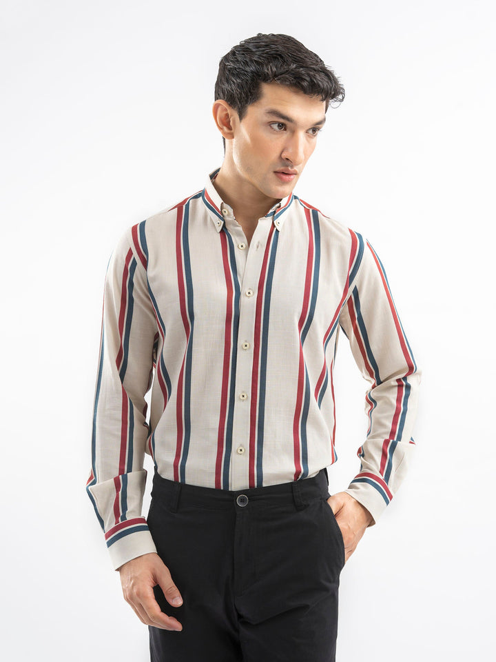 Brumano Ready To Wear Shirts Men 1 Piece Cotton Beige & Red Bold Striped Button Down Shirt 0-31-025-4401 - Summer Collection