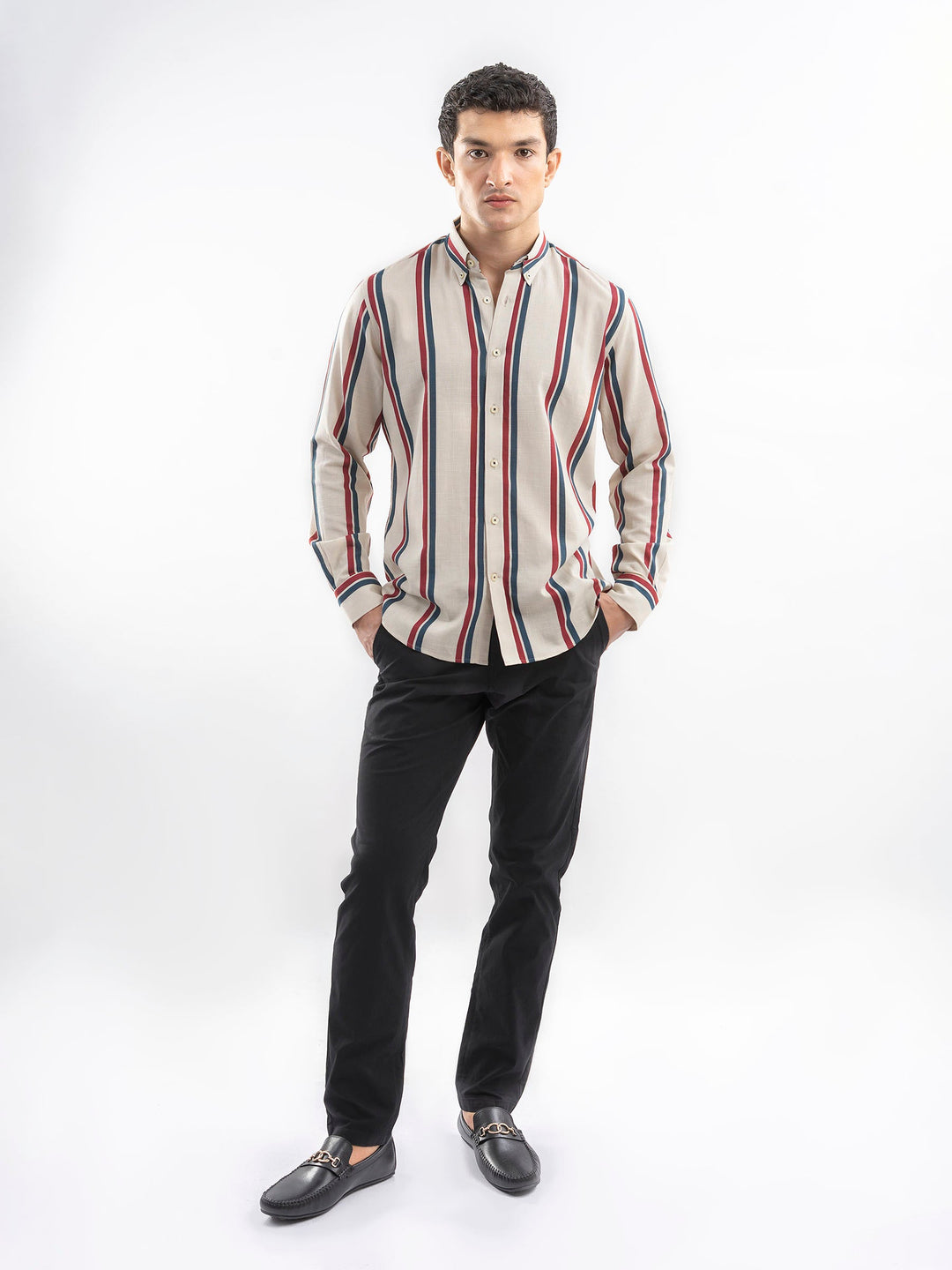 Brumano Ready To Wear Shirts Men 1 Piece Cotton Beige & Red Bold Striped Button Down Shirt 0-31-025-4401 - Summer Collection