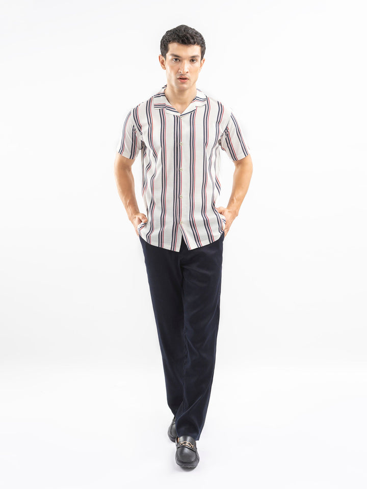 Brumano Ready To Wear Shirts Men 1 Piece Cotton Beige & Red Striped Cuban Collar Shirt 0-33-025-4407 - Summer Collection