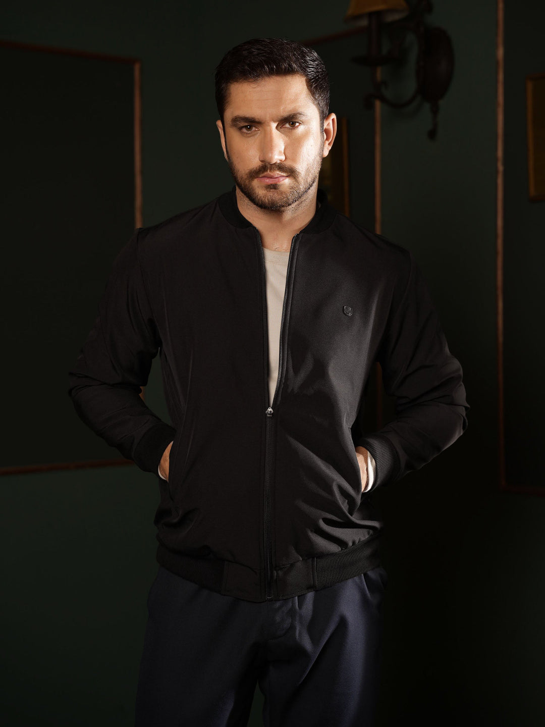 Brumano Mens RTW Solids Poly Jacket Black Bomber Jacket Winter Collection