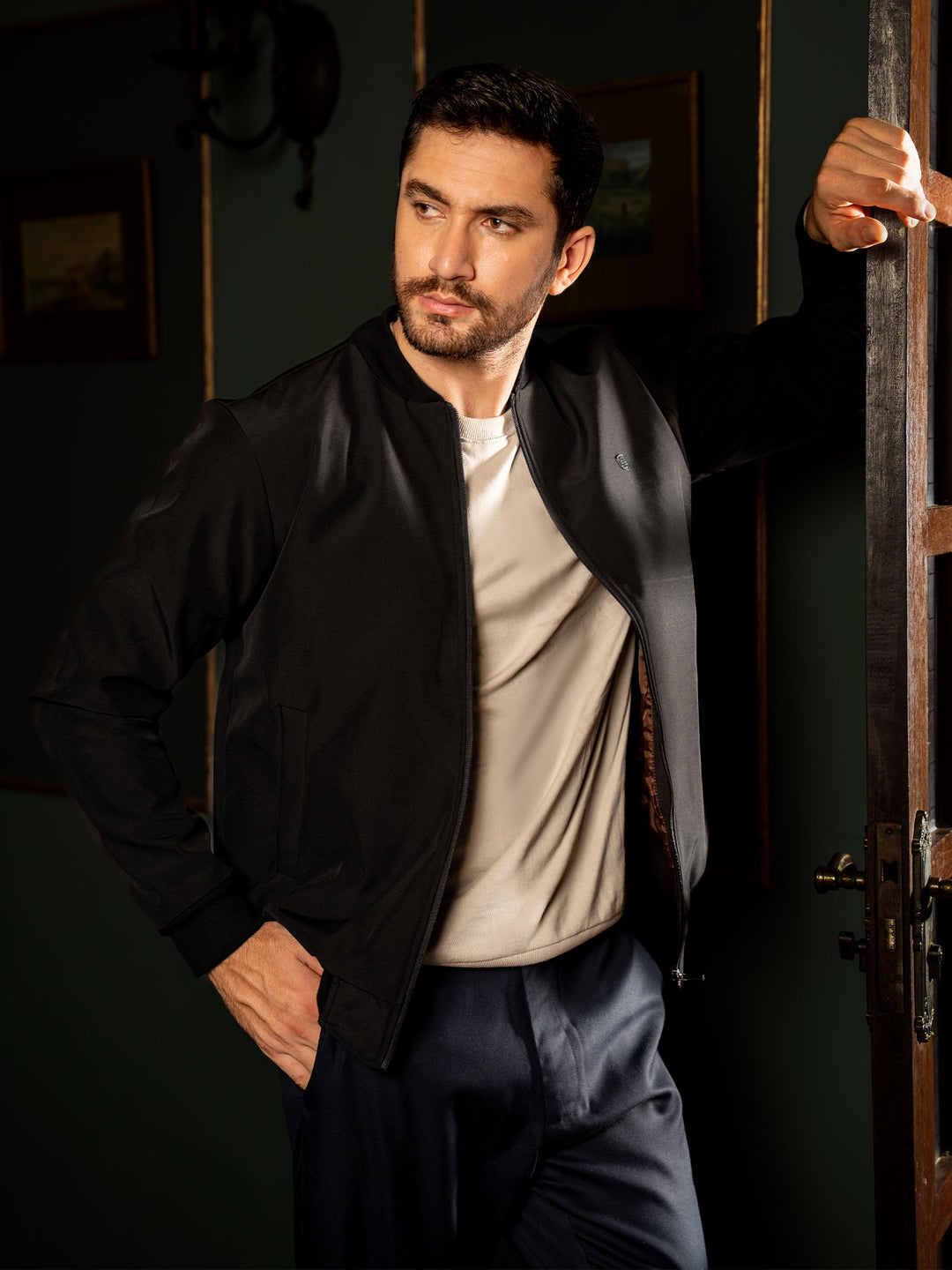 Brumano Mens RTW Solids Poly Jacket Black Bomber Jacket Winter Collection