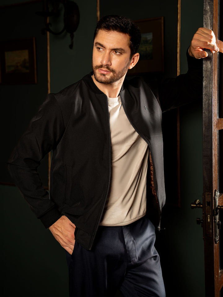 Brumano Mens RTW Solids Poly Jacket Black Bomber Jacket Winter Collection