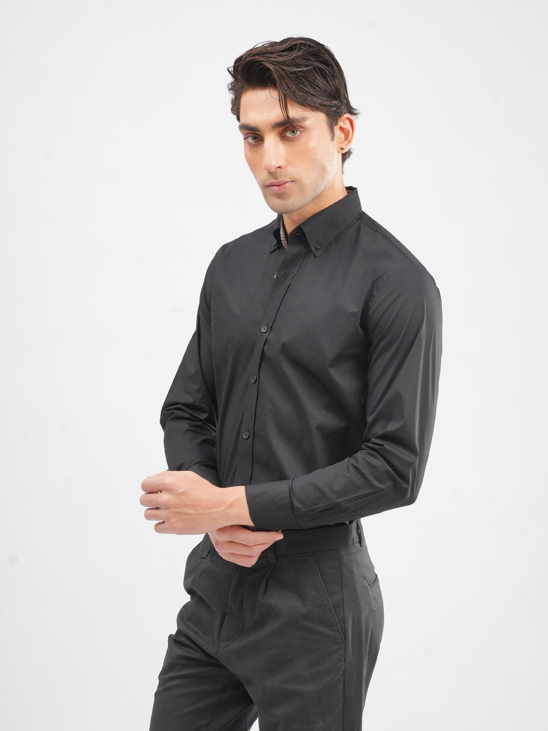 Brumano Mens RTW Solids Cotton Shirt Black With Contrasting Collar Casual Collection