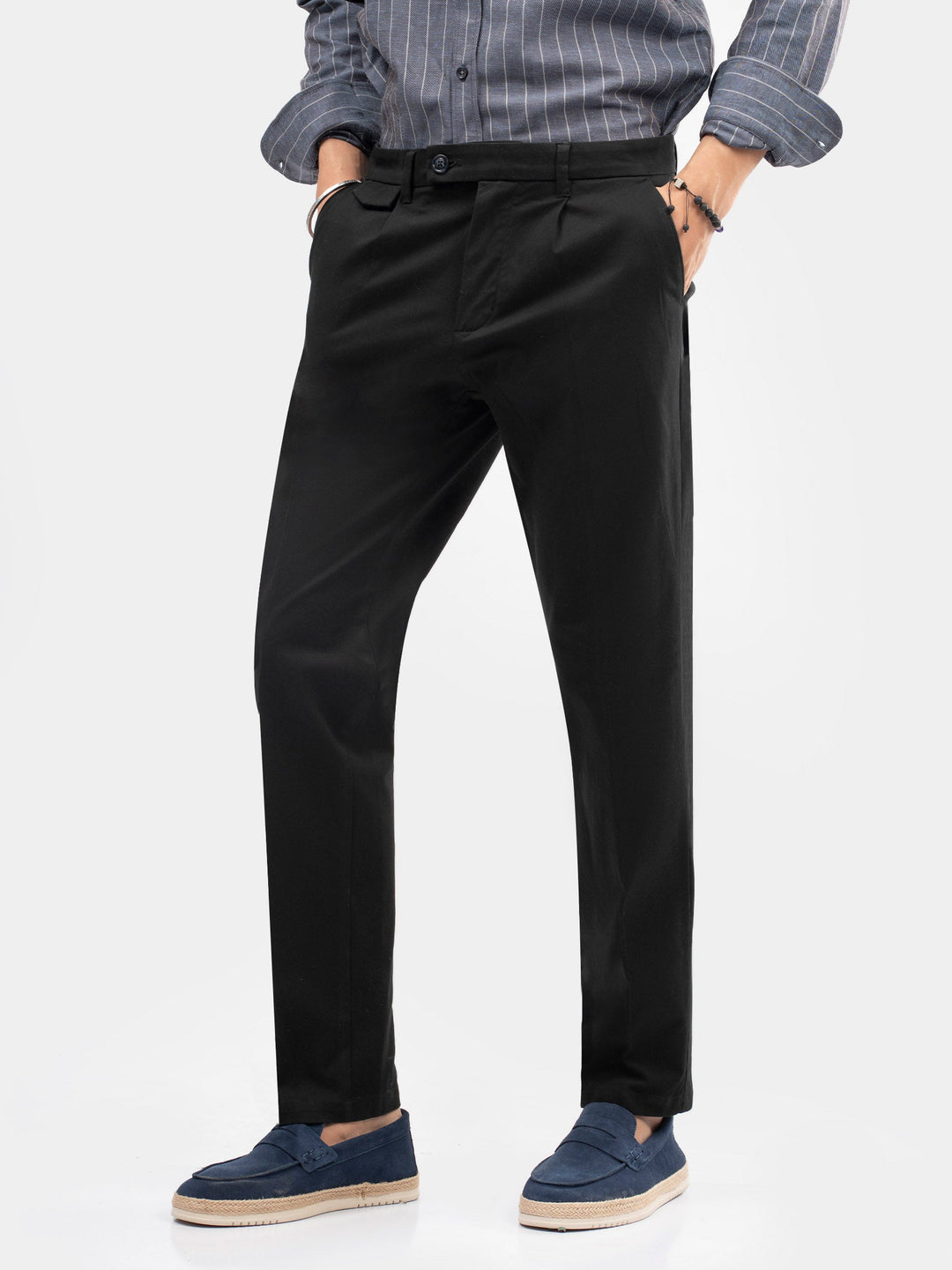 Brumano Mens Pants RTW Solids Cotton Black Chino With Front Pleats Casual Collection