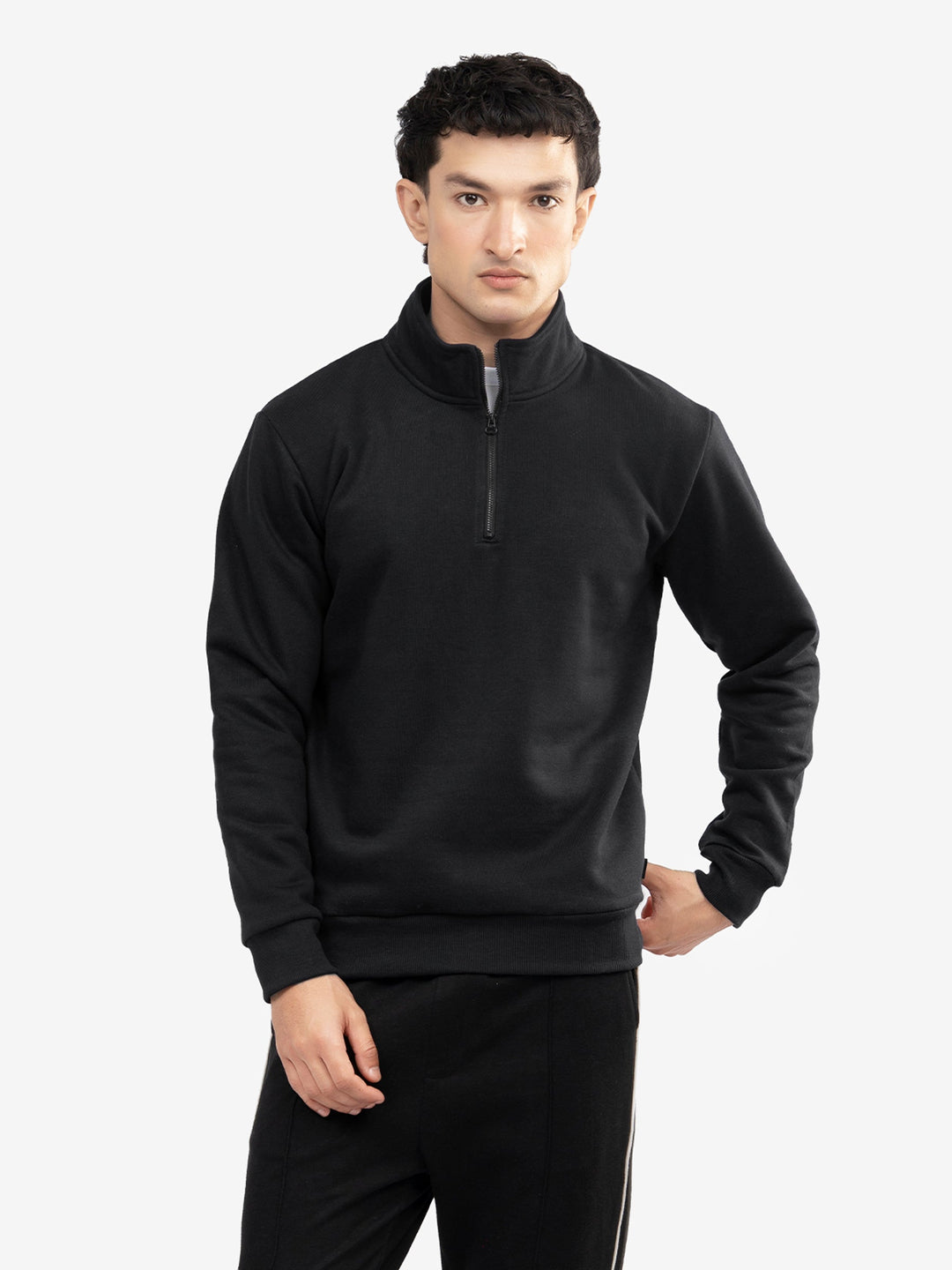 Brumano Mens RTW Solids Cotton 1 Piece Black Fleece Mock Neck Winter Collection