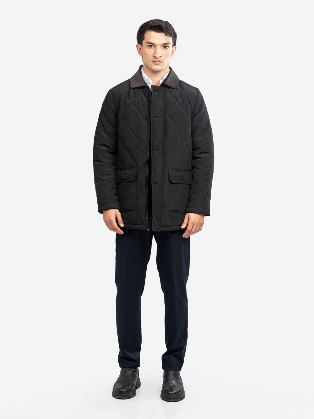 Brumano Mens RTW Solids Poly 1 Piece Black Sportsquilt With Corduroy Collar Winter Collection