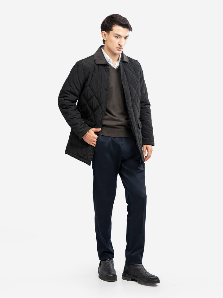 Brumano Mens RTW Solids Poly 1 Piece Black Sportsquilt With Corduroy Collar Winter Collection