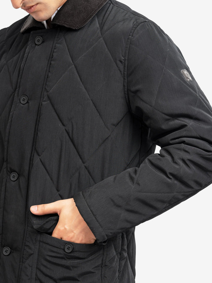 Brumano Mens RTW Solids Poly 1 Piece Black Sportsquilt With Corduroy Collar Winter Collection