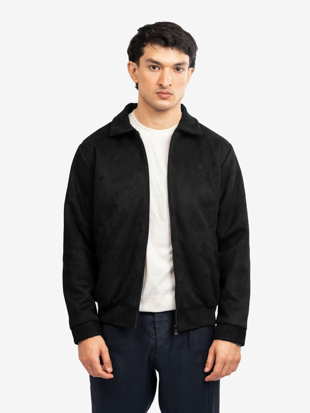 Brumano Mens RTW Solids Poly 1 Piece Black Suede Collar Jacket Winter Collection