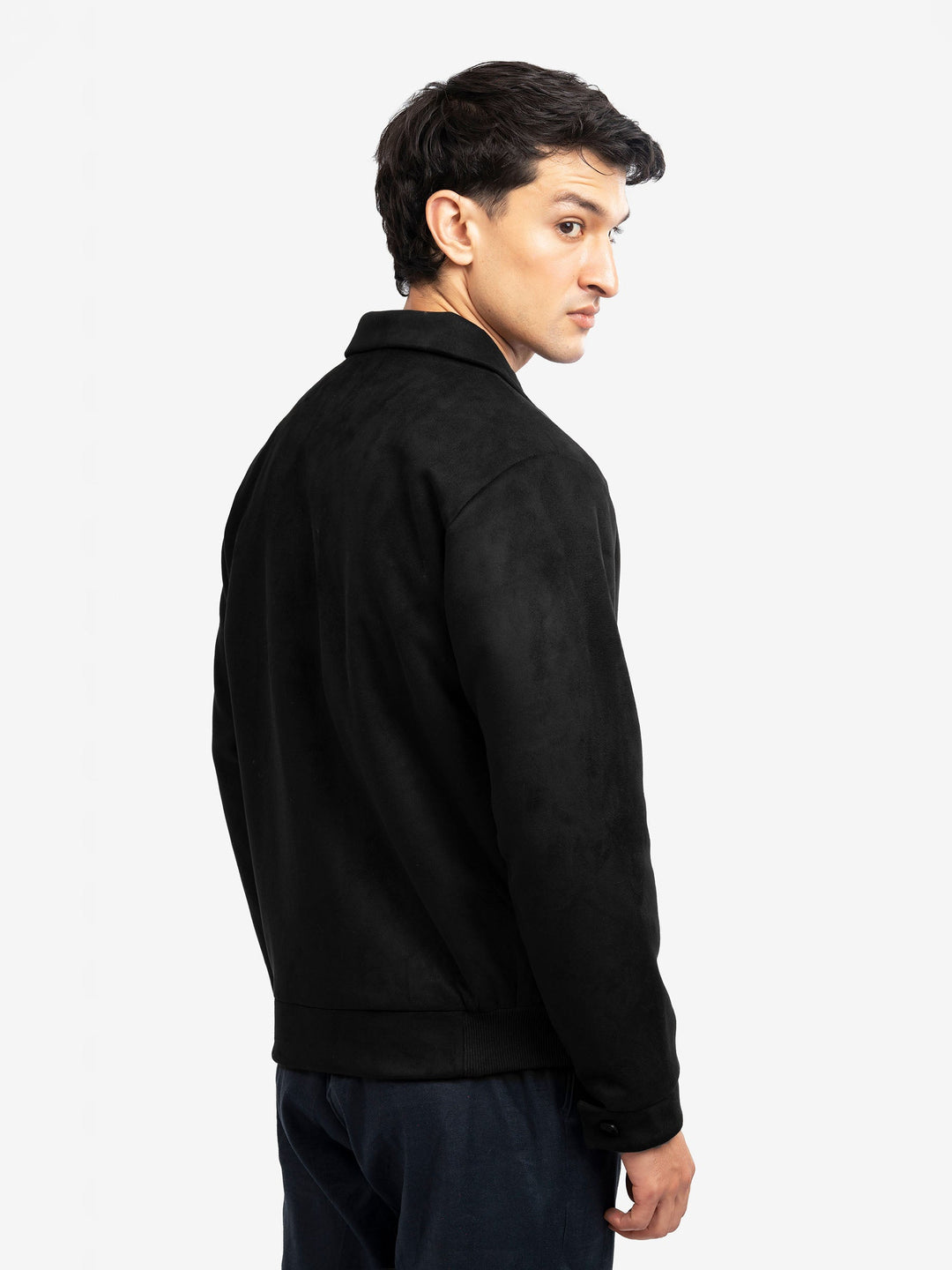 Brumano Mens RTW Solids Poly 1 Piece Black Suede Collar Jacket Winter Collection