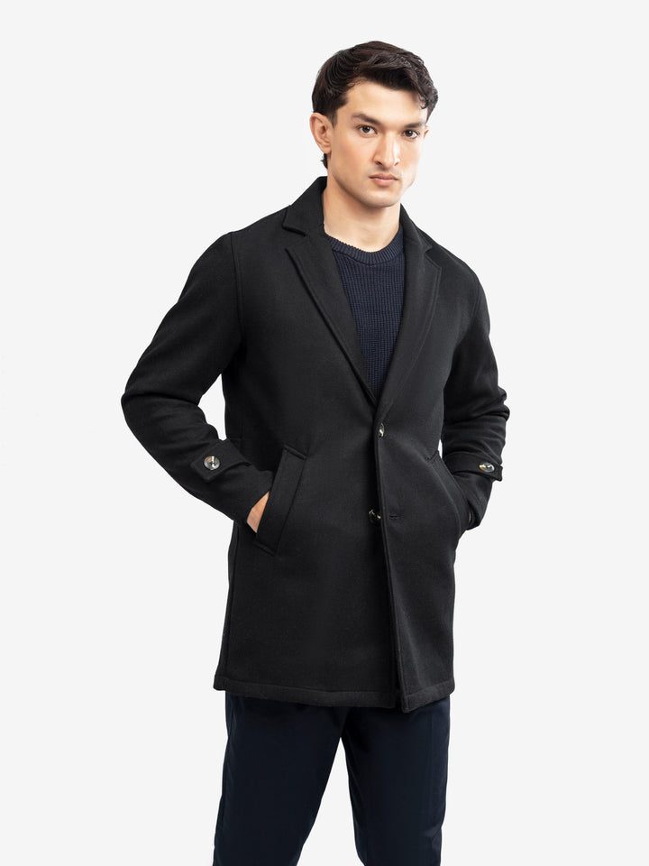Brumano Mens RTW Solids Wool 1 Piece Black Wool Blended Over Coat Winter Collection