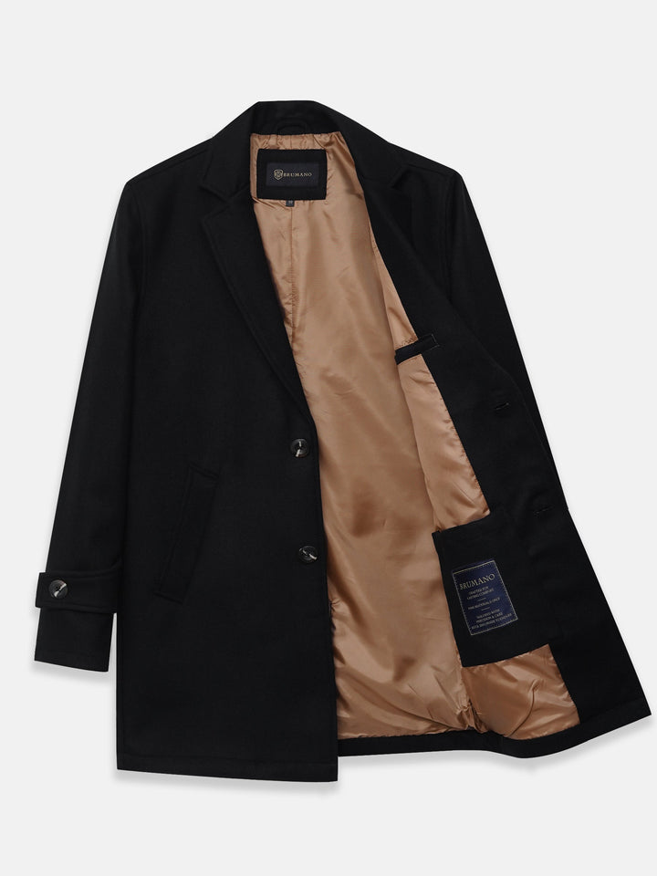 Brumano Mens RTW Solids Wool 1 Piece Black Wool Blended Over Coat Winter Collection