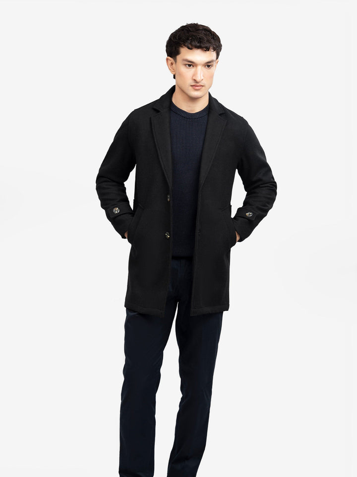 Brumano Mens RTW Solids Wool 1 Piece Black Wool Blended Over Coat Winter Collection
