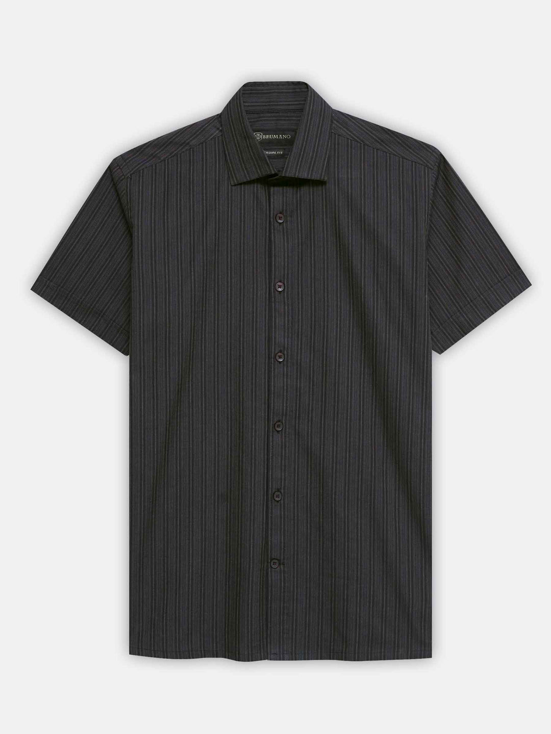 Brumano Mens RTW Solids Cotton Shirt Black N Brown Striped Western Collection