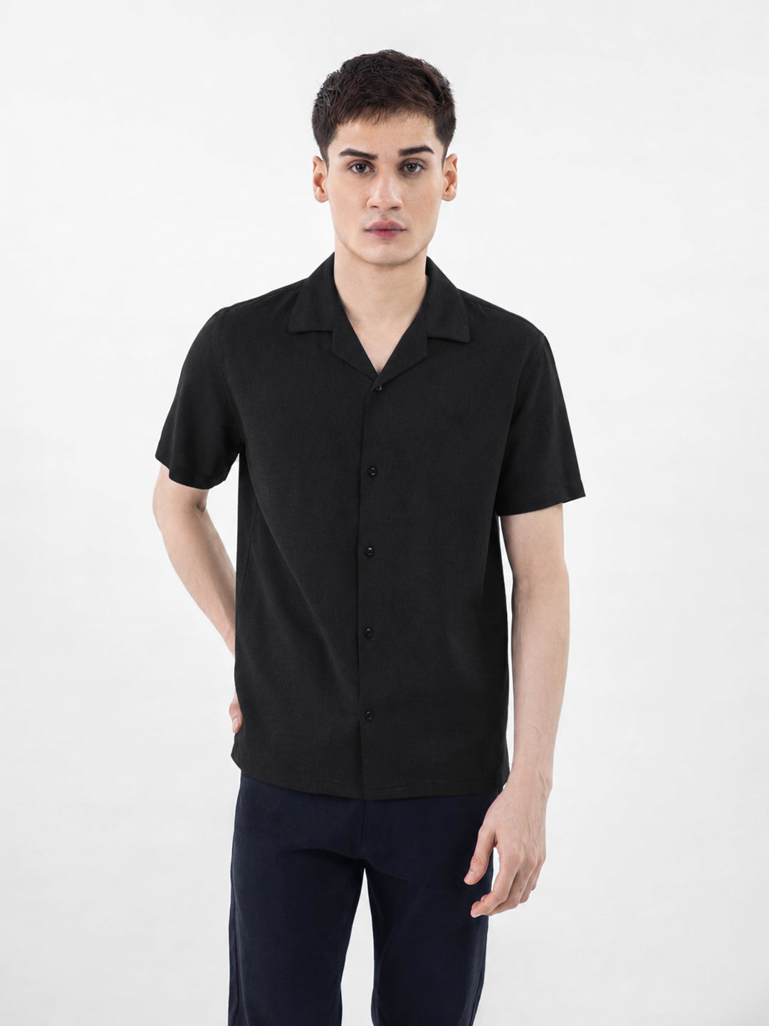 Brumano Mens RTW Solids Cotton Shirt Black Half Sleeve Casual Collection