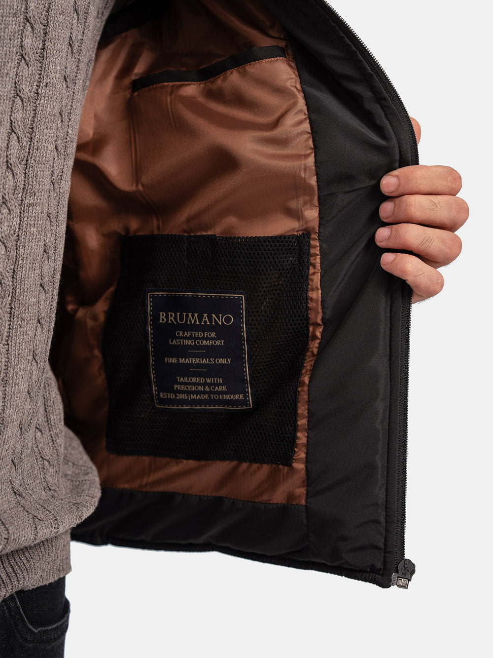 Brumano Mens RTW Solids Poly Jacket Suit Black Puffer With Leather Detailing Winter Collection