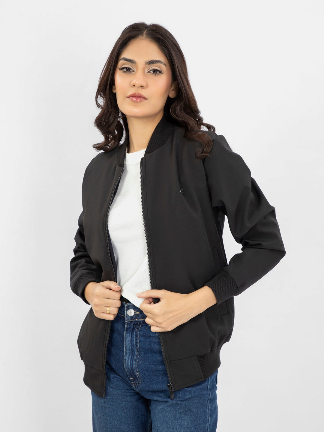 Brumano Pret Solids Polyester 1 Piece Black Bomber Jacket - Women