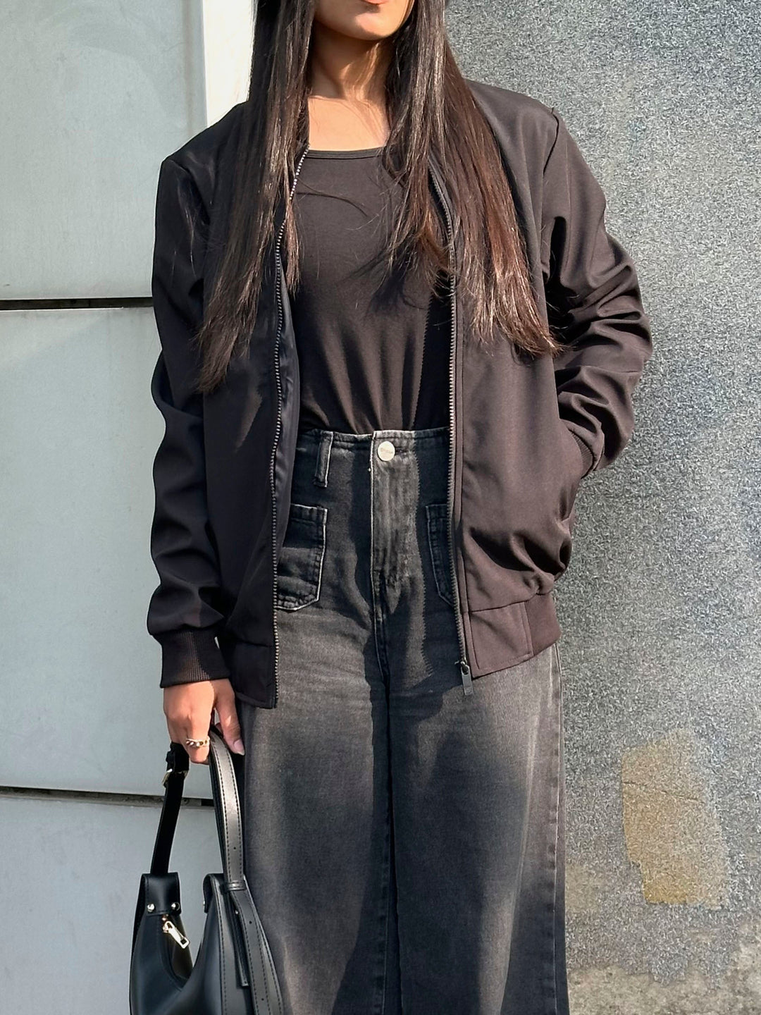 Brumano Pret Solids Polyester 1 Piece Black Bomber Jacket - Women