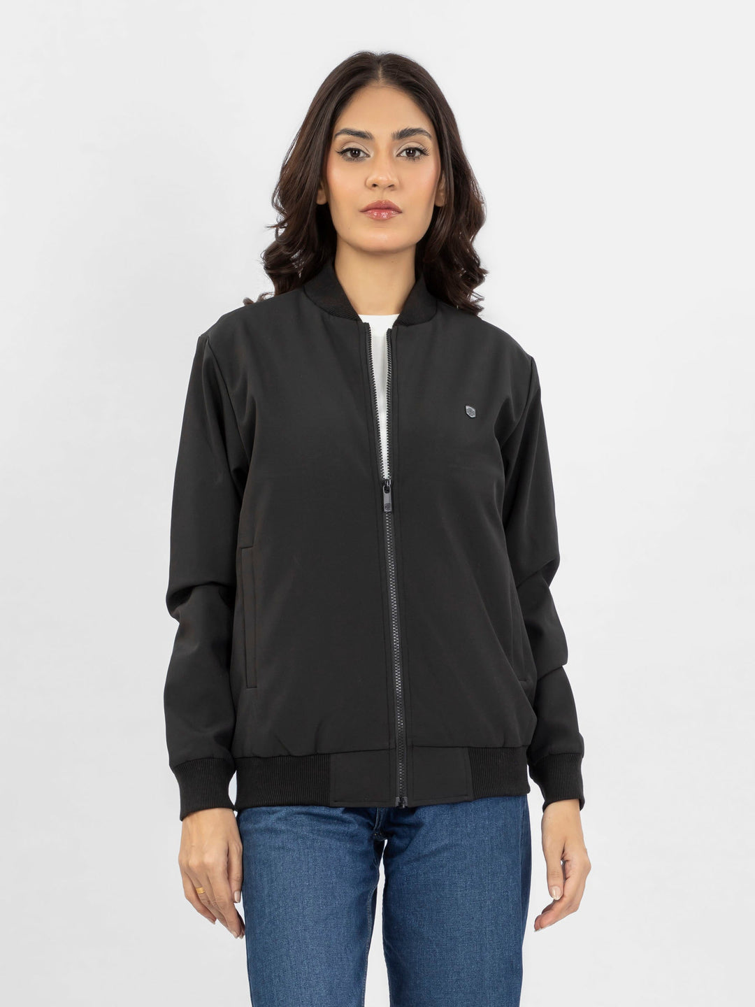 Brumano Pret Solids Polyester 1 Piece Black Bomber Jacket - Women