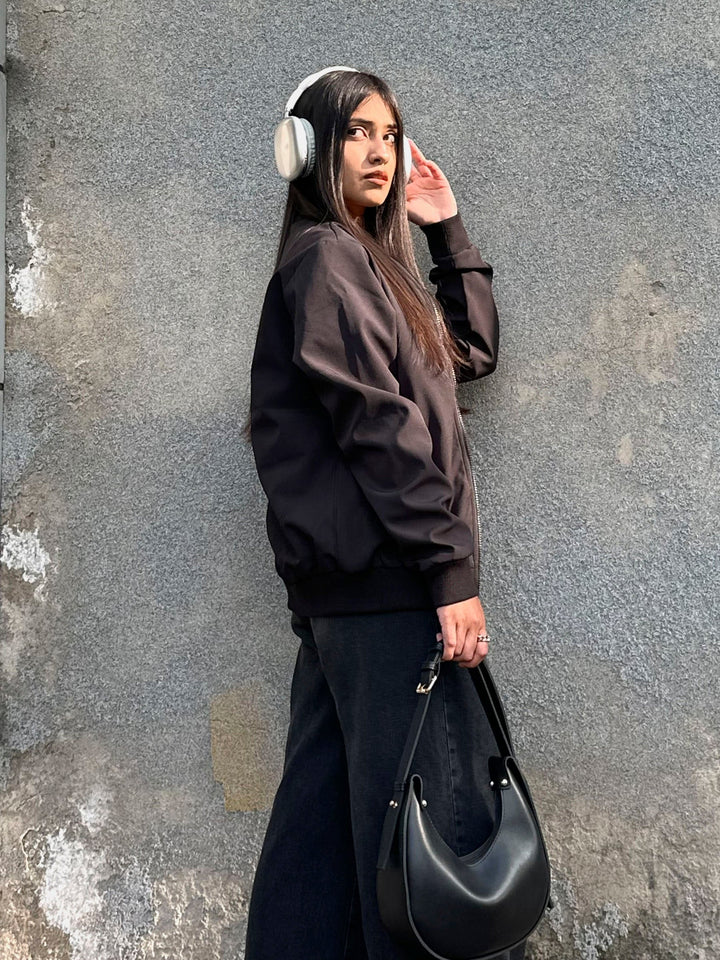 Brumano Pret Solids Polyester 1 Piece Black Bomber Jacket - Women