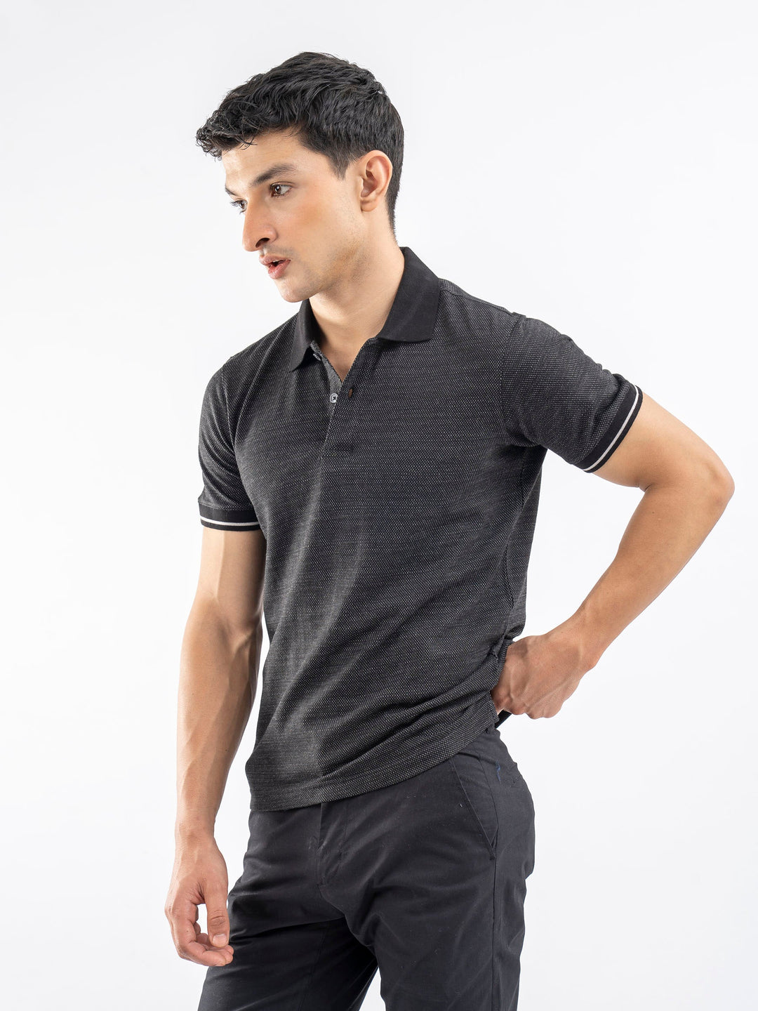 Brumano  Solids Cotton Polo Black Dobby Structured Slimfit Polo