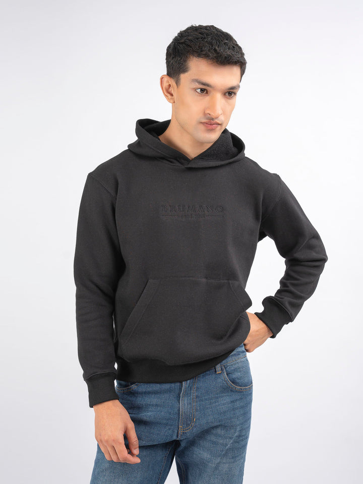 Brumano Embroidered Fleece Black Embroidered Relaxed Fit Hoodie - Winter Collection