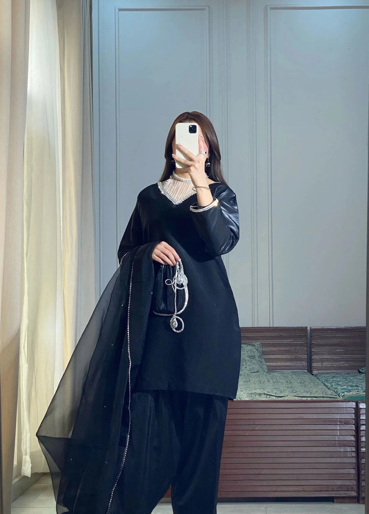 Mataish Women RTW Embroidered Raw Silk 3 Piece Suit Black Farshi Shalwar - Festive Collection