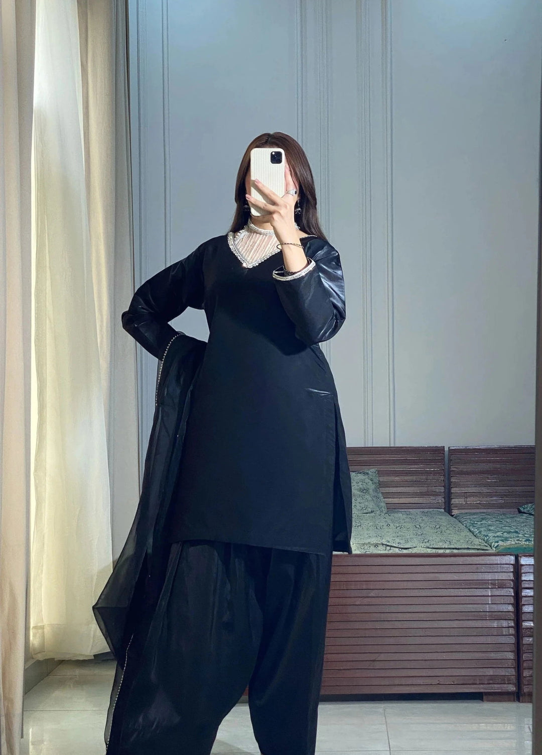 Mataish Women RTW Embroidered Raw Silk 3 Piece Suit Black Farshi Shalwar - Festive Collection