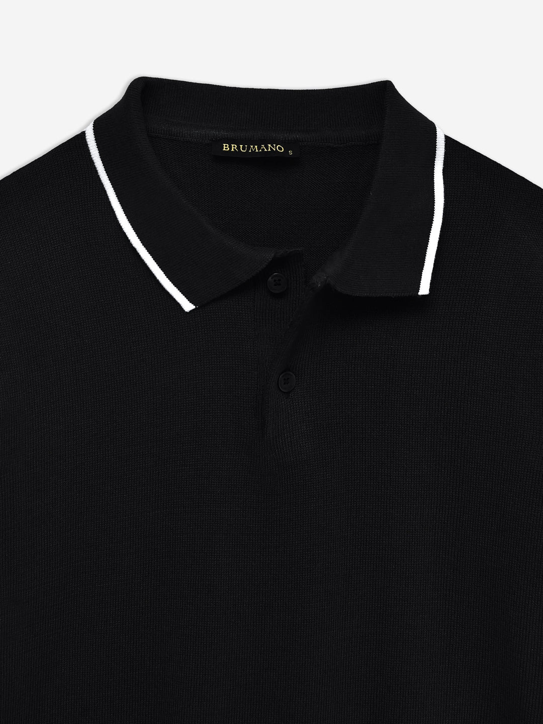 Brumano  Solids Cotton Polo Black Flat Knit Polo With Tipped Collar