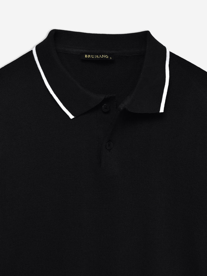 Brumano  Solids Cotton Polo Black Flat Knit Polo With Tipped Collar