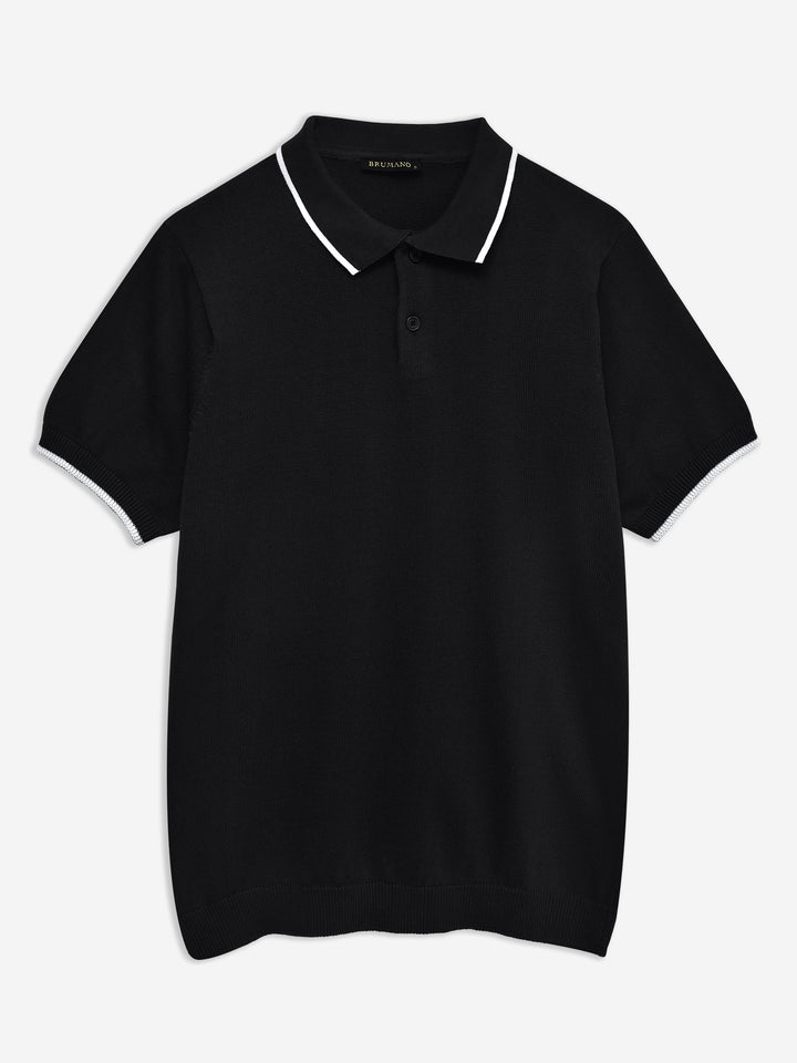 Brumano  Solids Cotton Polo Black Flat Knit Polo With Tipped Collar