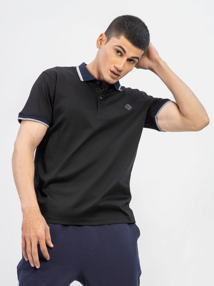 Brumano  Solids Cotton Polo Black Interlock Polo With Contrasting Navy Collar