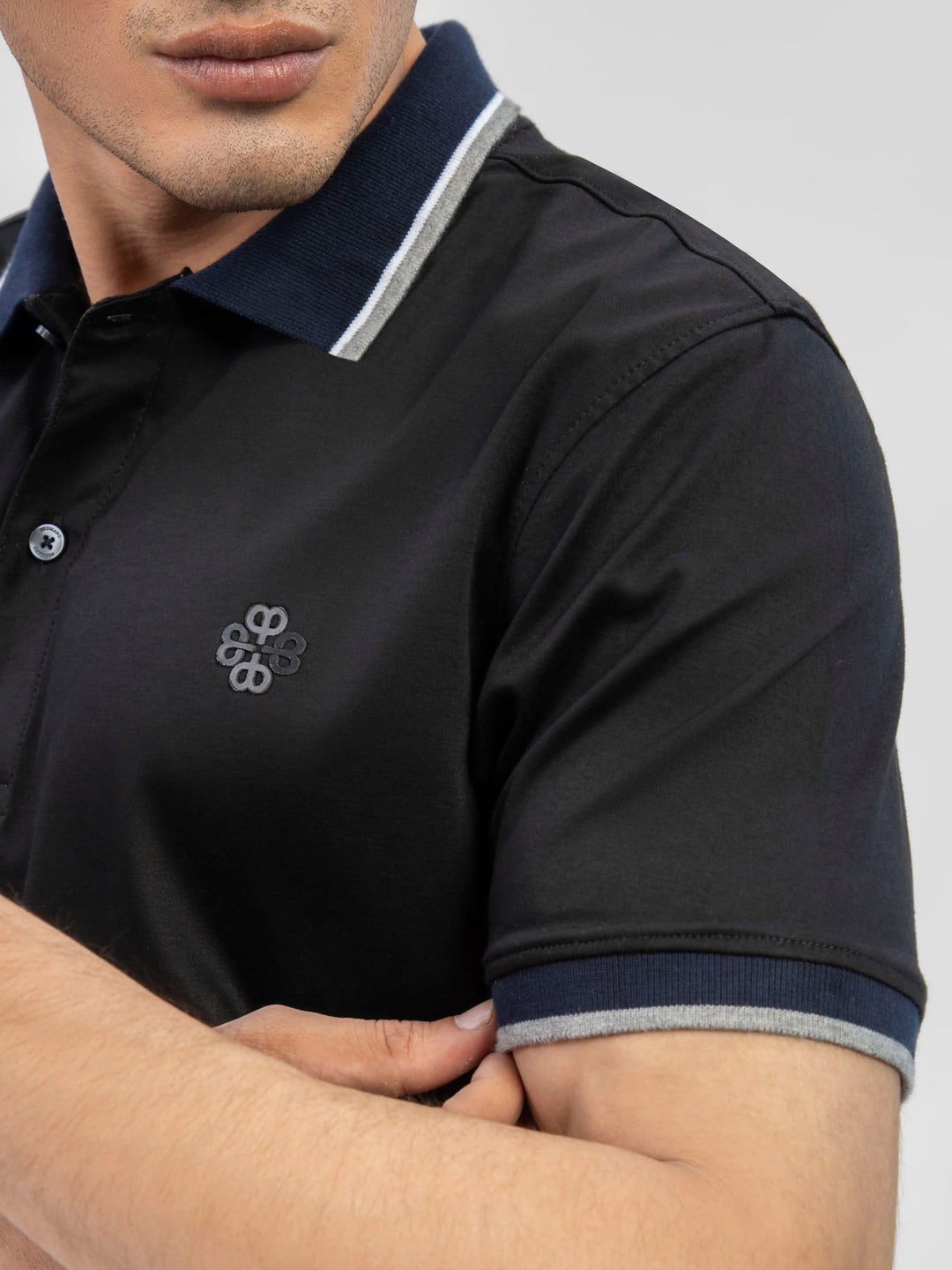 Brumano  Solids Cotton Polo Black Interlock Polo With Contrasting Navy Collar