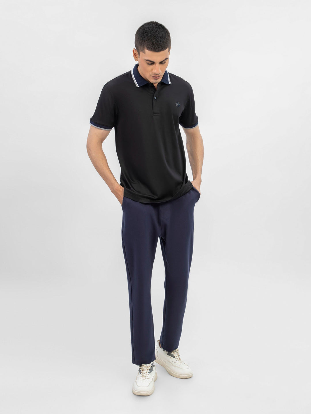 Brumano  Solids Cotton Polo Black Interlock Polo With Contrasting Navy Collar