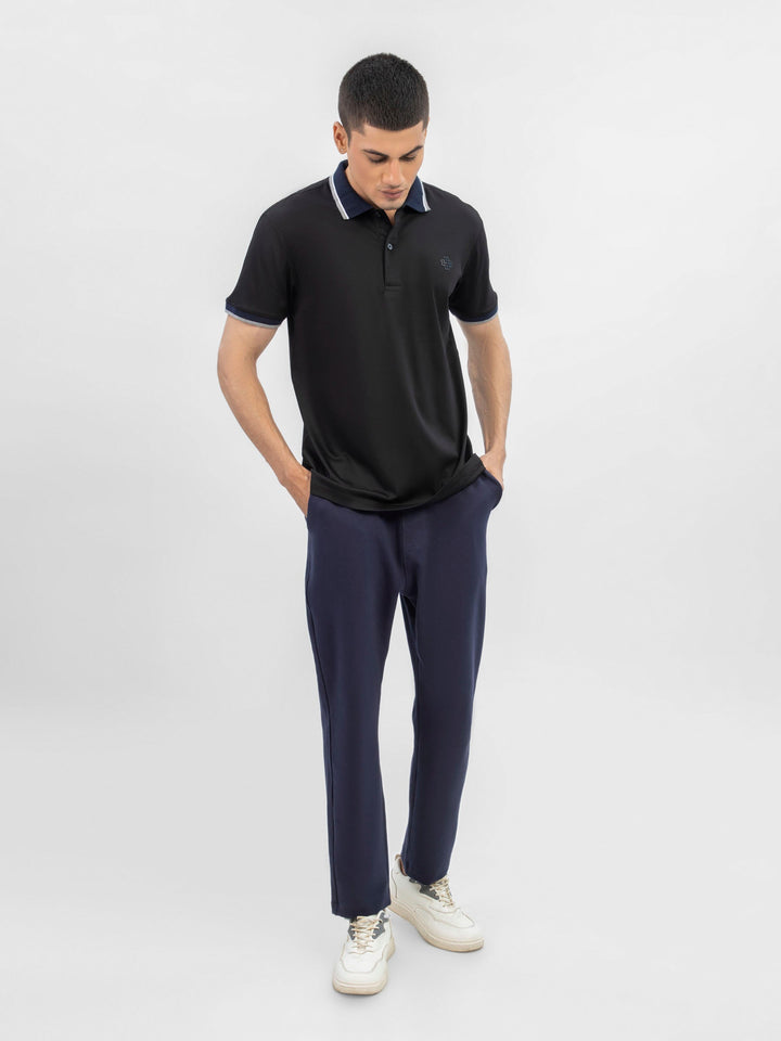 Brumano  Solids Cotton Polo Black Interlock Polo With Contrasting Navy Collar