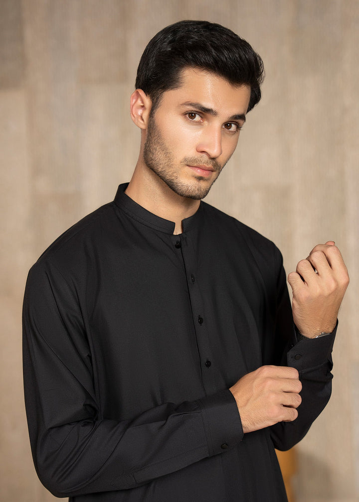 Buraq Men RTW Solids Wash N Wear Kurta Shalwar Suit Black Casual Collection