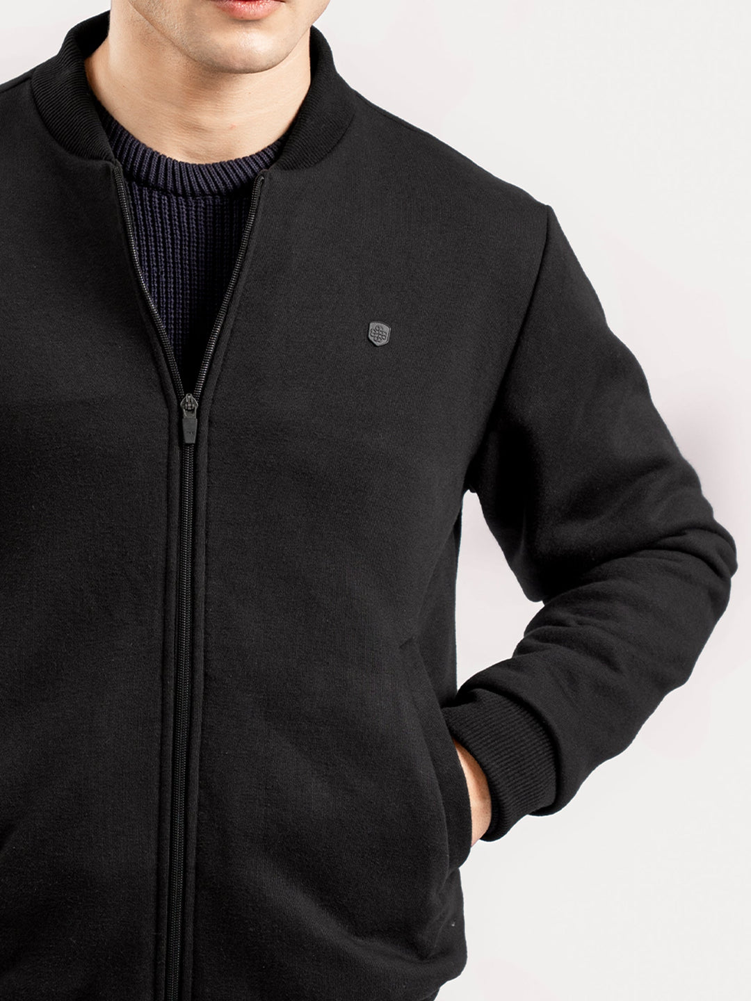 Brumano Mens RTW Solids Cotton 1 Piece Black Knitted Bomber Jacket Winter Collection