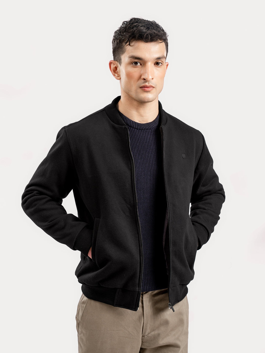 Brumano Mens RTW Solids Cotton 1 Piece Black Knitted Bomber Jacket Winter Collection