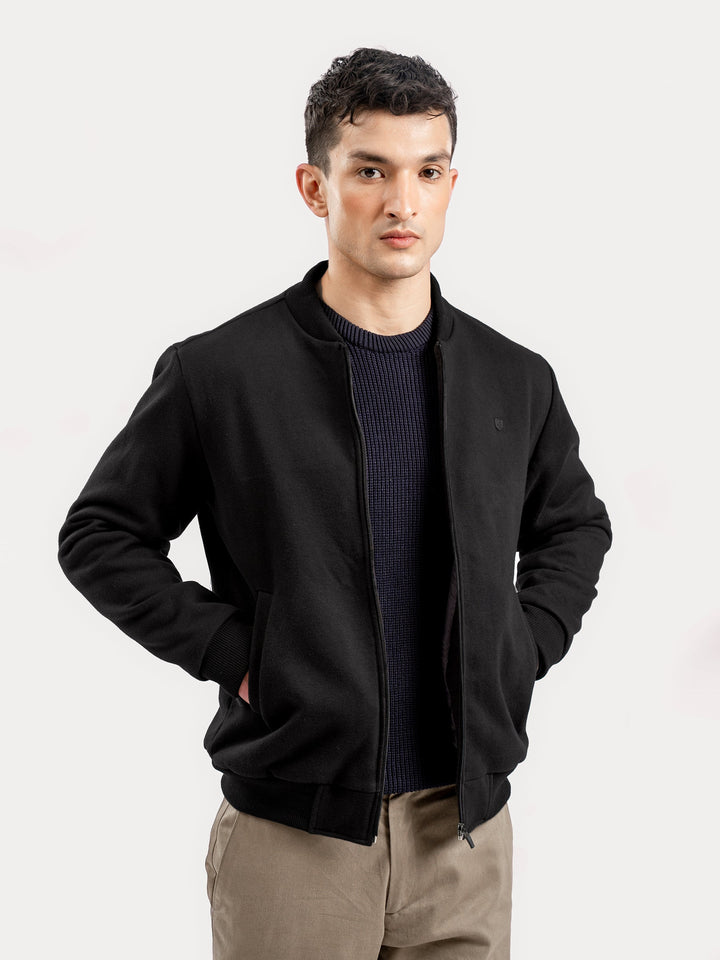 Brumano Pret Solids Polyester 1 Piece Black Knitted Bomber Jacket