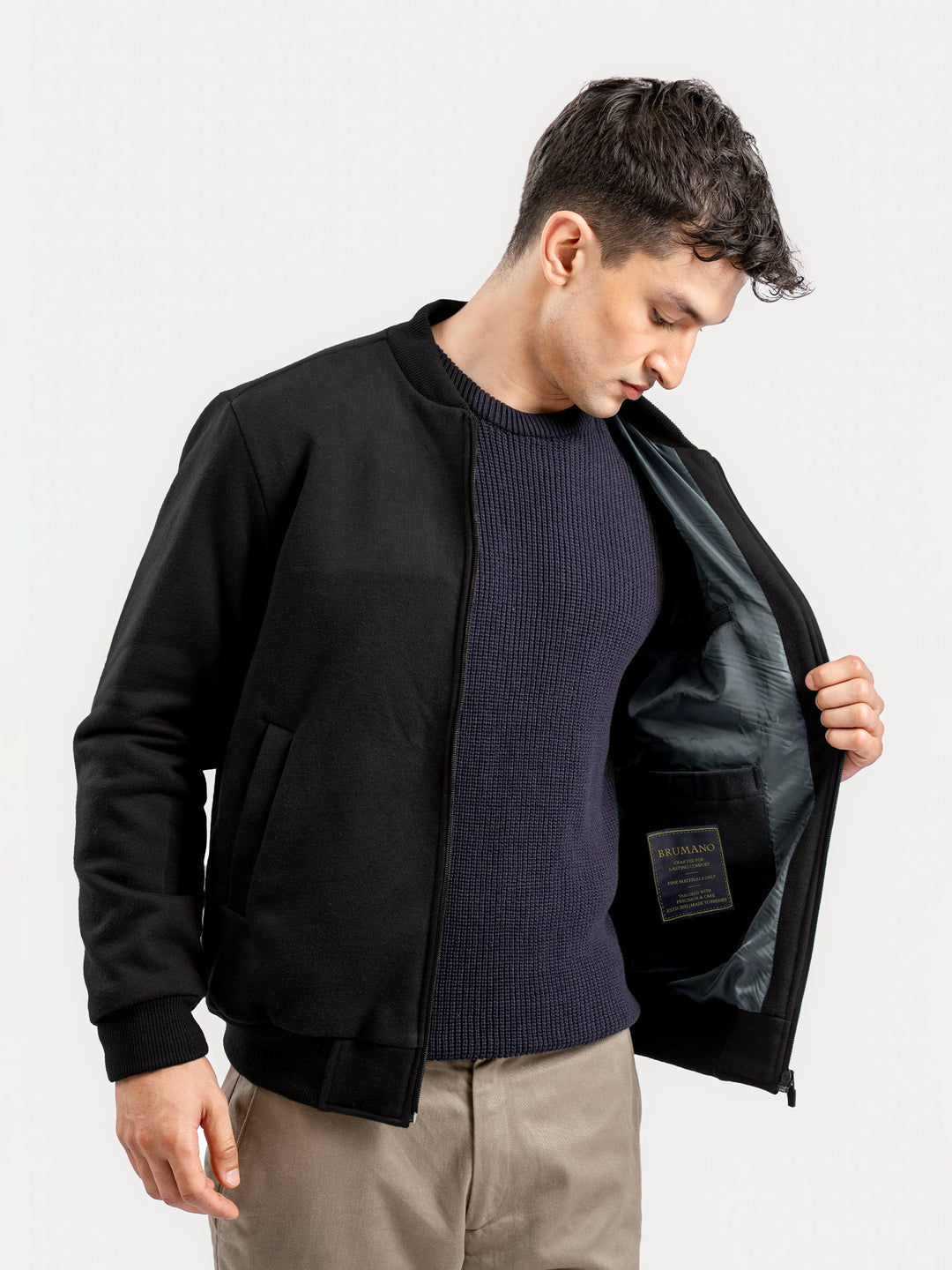 Brumano Mens RTW Solids Cotton 1 Piece Black Knitted Bomber Jacket Winter Collection