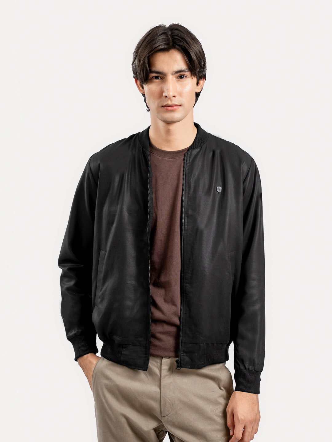Brumano Mens RTW Solids Tencel 1 Piece Black Light Weight Bomber Jacket Winter Collection