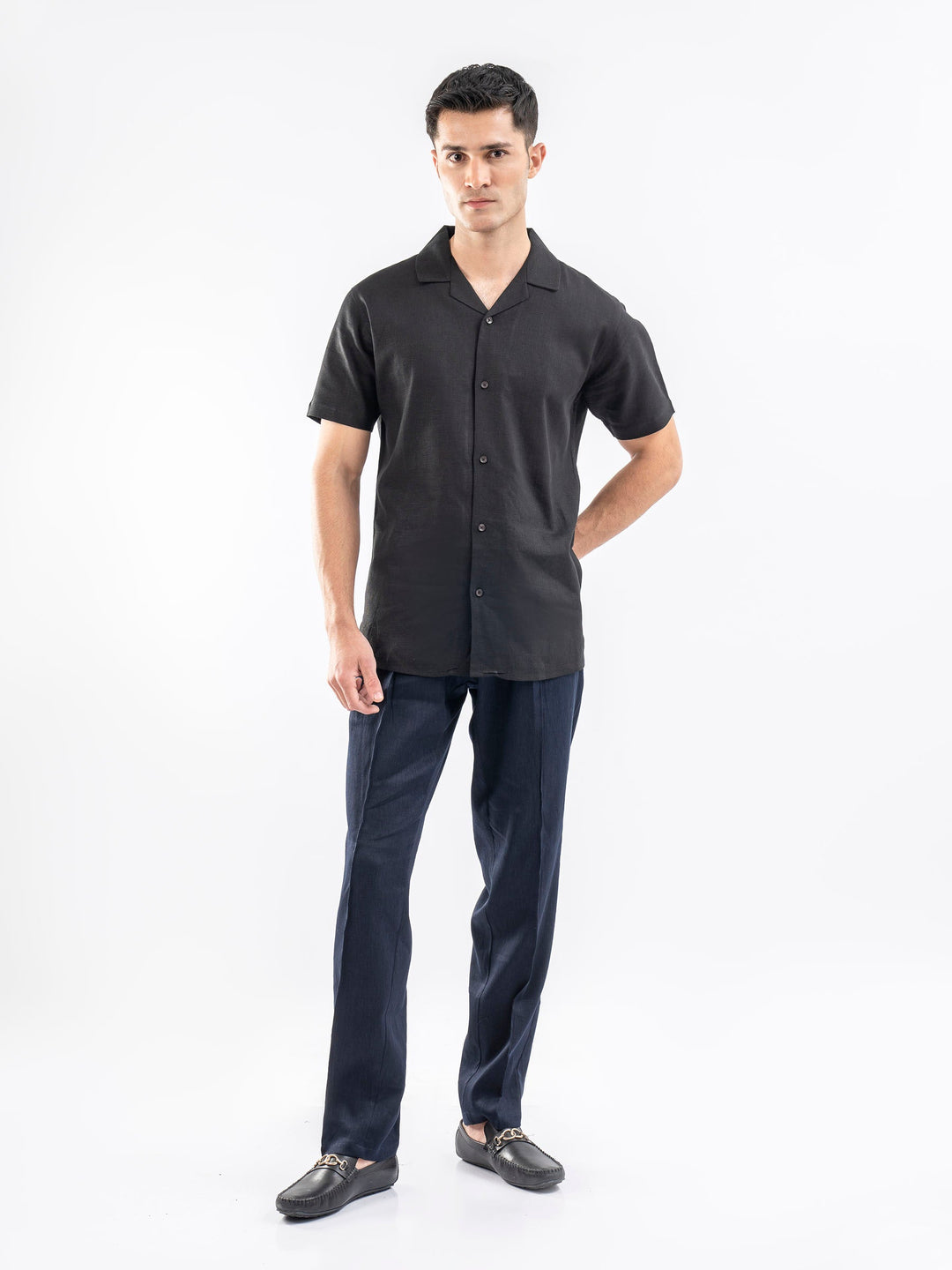 Brumano Ready To Wear Shirts Men 1 Piece Cotton Black Linen Blended Half Sleeve Cuban Collar Shirt 0-33-025-4229 - Summer Collection