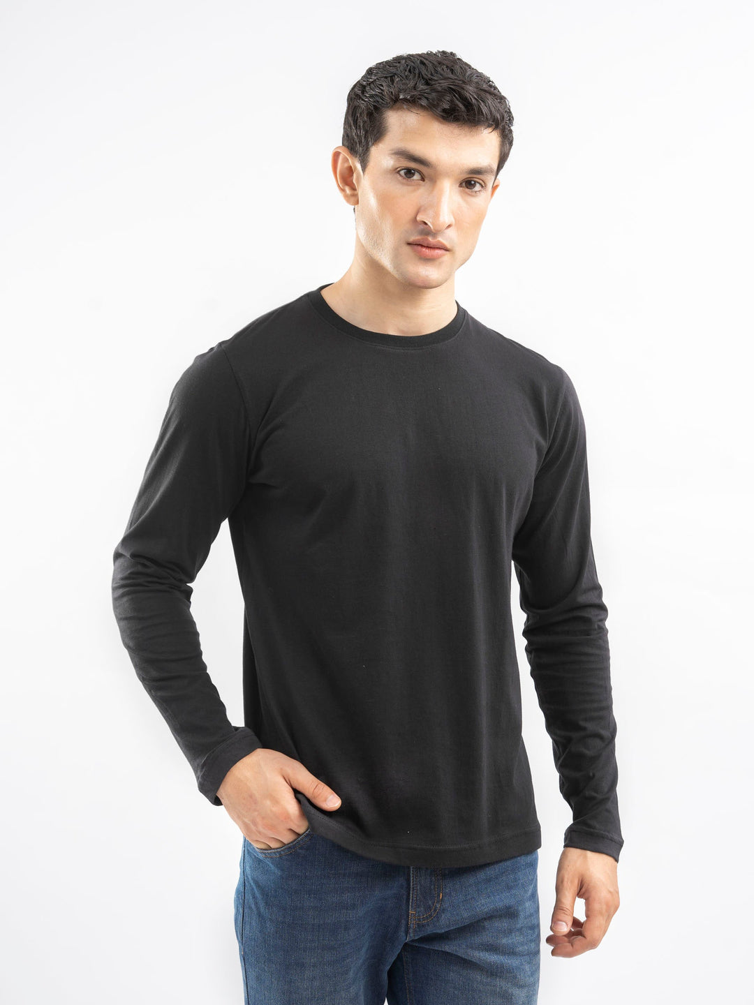 Brumano Mens T-Shirt RTW Solids Cotton Black Long Sleeve Crew Neck Casual Collection