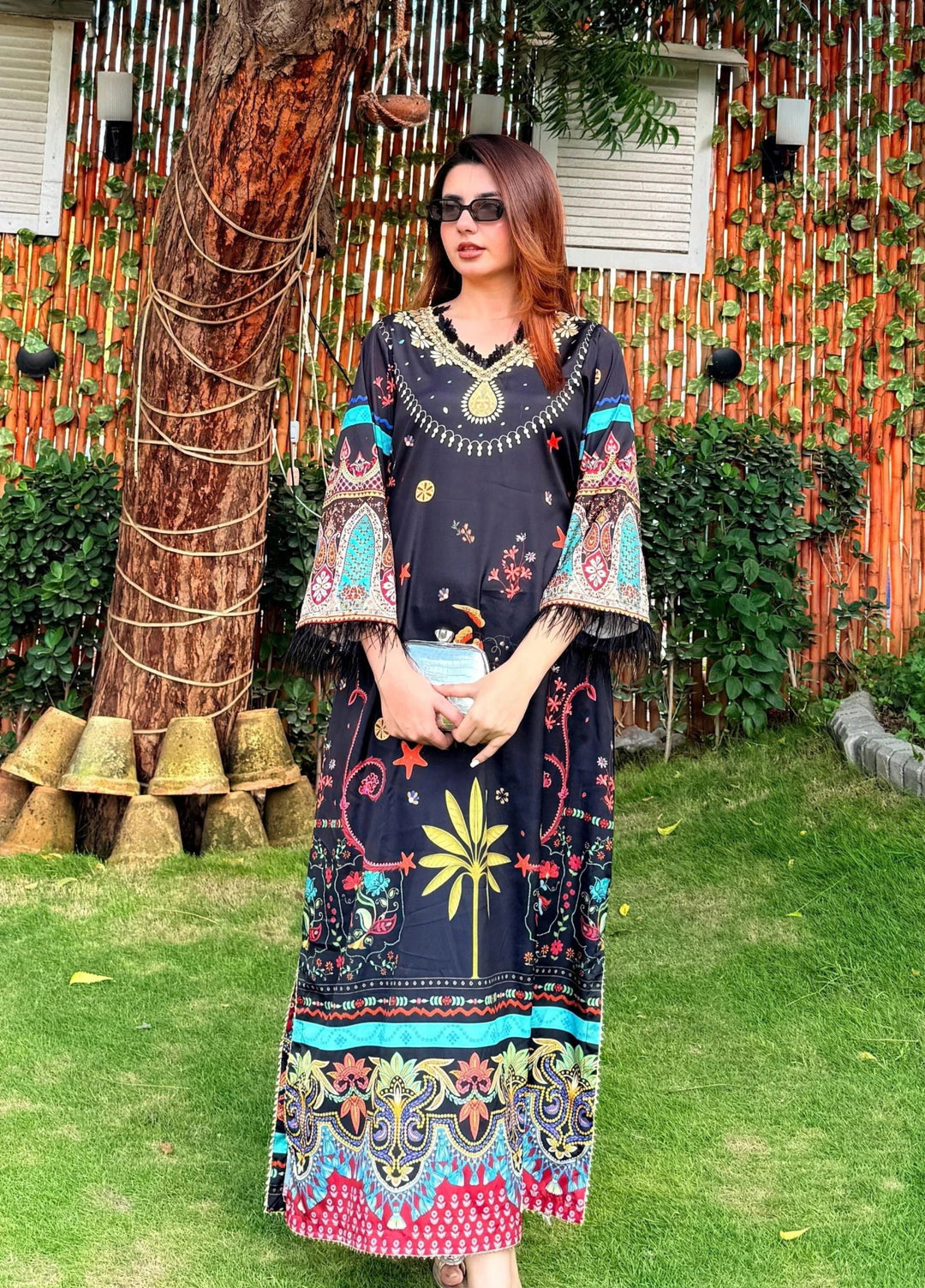 Mataish Women RTW Printed Chiffon 1 Piece Suit Black Midnight Kaftan - Festive Collection
